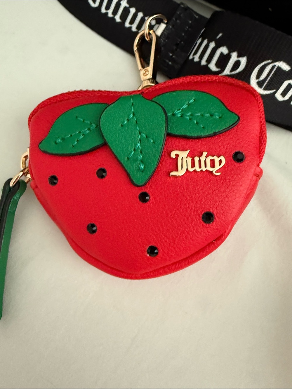 Juicy Couture Black & White Logo Satchel with Red Strawberry Charm - Picture 2 of 9